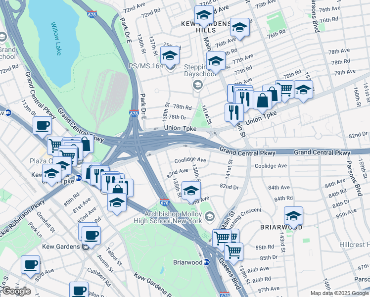 map of restaurants, bars, coffee shops, grocery stores, and more near 13530 Union Turnpike in Queens