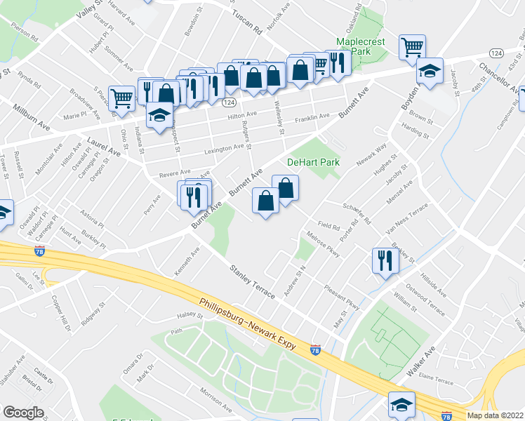 map of restaurants, bars, coffee shops, grocery stores, and more near 242 Burnett Avenue in Maplewood