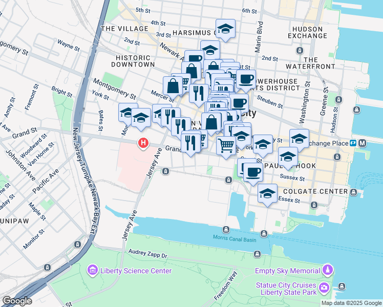 map of restaurants, bars, coffee shops, grocery stores, and more near 120 Tidewater Street in Jersey City