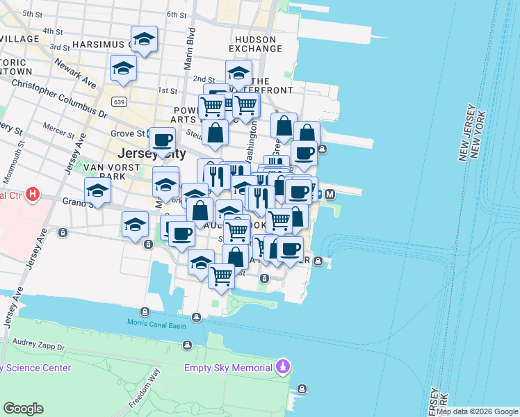 map of restaurants, bars, coffee shops, grocery stores, and more near in Jersey City