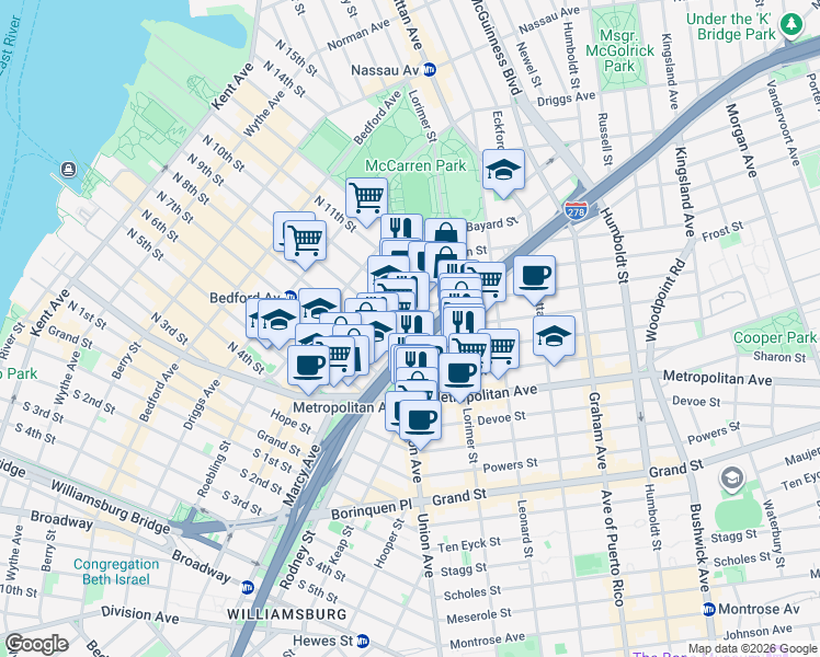 map of restaurants, bars, coffee shops, grocery stores, and more near 1 Jackson Street in Brooklyn