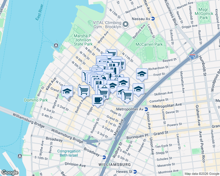 map of restaurants, bars, coffee shops, grocery stores, and more near 597 Driggs Avenue in Brooklyn