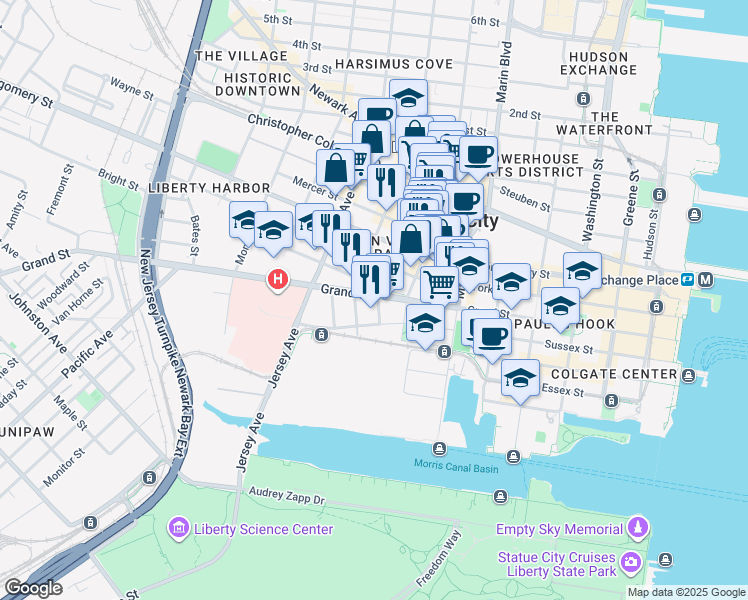 map of restaurants, bars, coffee shops, grocery stores, and more near 120 Tidewater Street in Jersey City