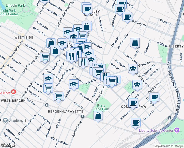 map of restaurants, bars, coffee shops, grocery stores, and more near Communipaw Avenue & Park Street in Jersey City