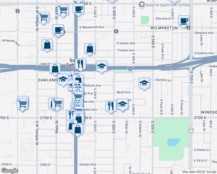 map of restaurants, bars, coffee shops, grocery stores, and more near 262 East Whitlock Avenue in South Salt Lake