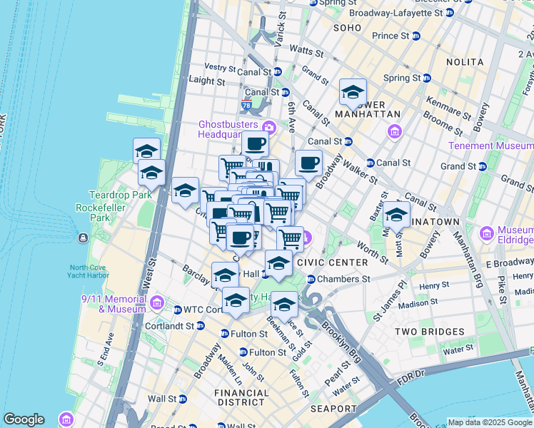 map of restaurants, bars, coffee shops, grocery stores, and more near 199 Church Street in New York