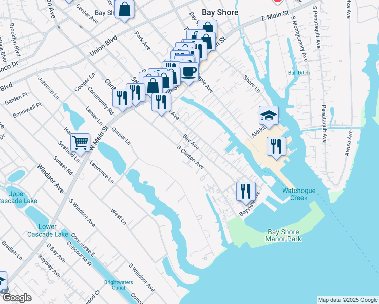map of restaurants, bars, coffee shops, grocery stores, and more near 65 South Clinton Avenue in Bay Shore