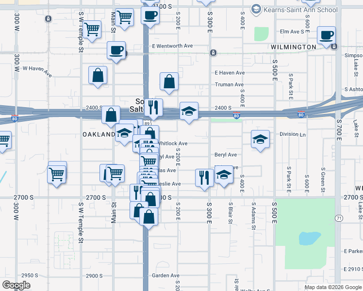 map of restaurants, bars, coffee shops, grocery stores, and more near 208 East Whitlock Avenue in South Salt Lake