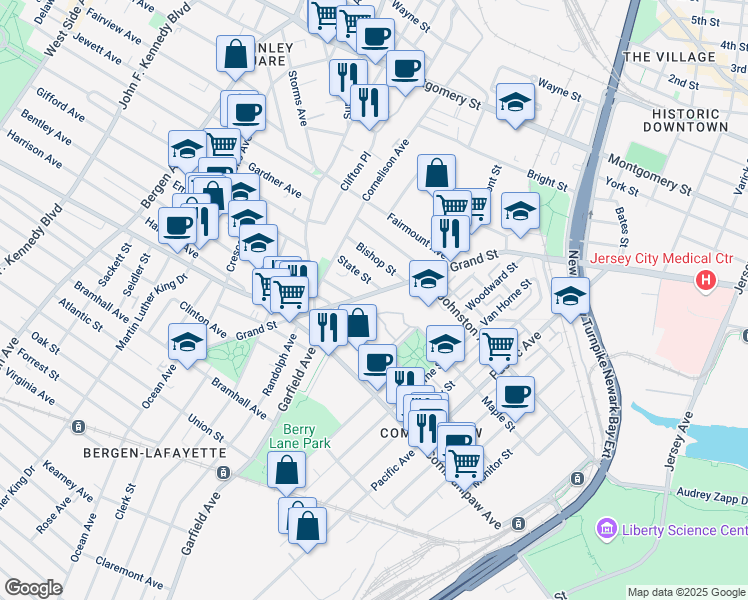 map of restaurants, bars, coffee shops, grocery stores, and more near 460 Communipaw Avenue in Jersey City