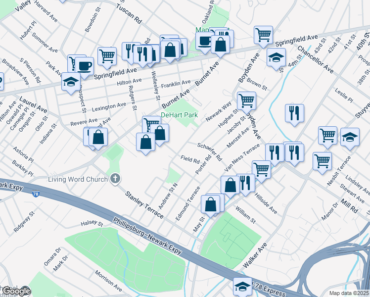 map of restaurants, bars, coffee shops, grocery stores, and more near 90 Newark Way in Maplewood