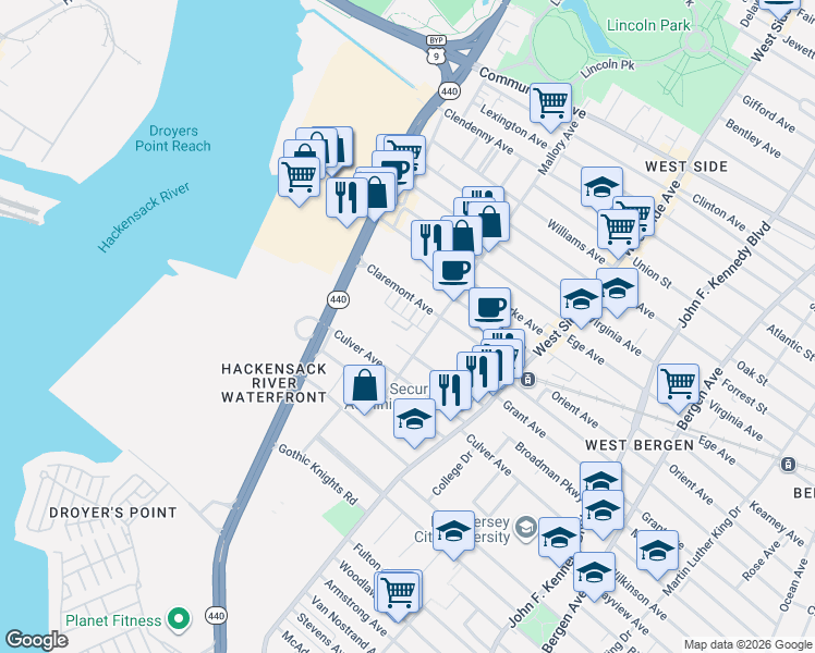 map of restaurants, bars, coffee shops, grocery stores, and more near 45 Mallory Avenue in Jersey City