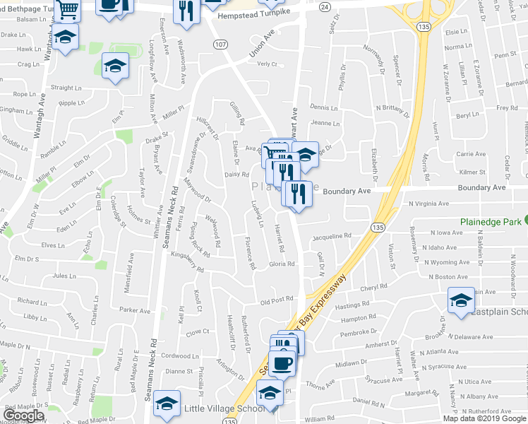 map of restaurants, bars, coffee shops, grocery stores, and more near 4135 Joyce Place in Bethpage