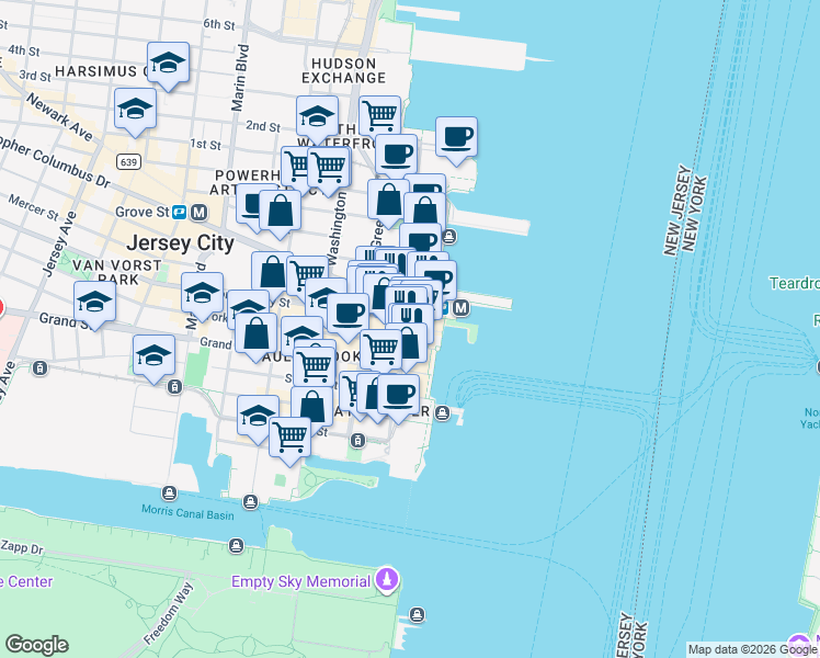 map of restaurants, bars, coffee shops, grocery stores, and more near 15 Exchange Place in Jersey City