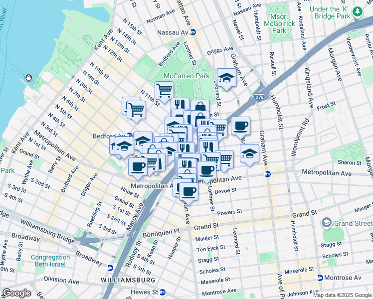 map of restaurants, bars, coffee shops, grocery stores, and more near 11 Jackson Street in Brooklyn
