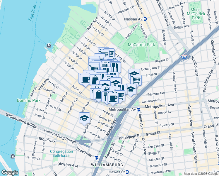 map of restaurants, bars, coffee shops, grocery stores, and more near 88 Roebling Street in Brooklyn