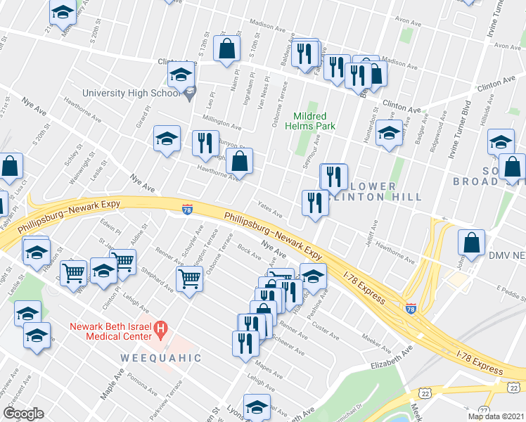 map of restaurants, bars, coffee shops, grocery stores, and more near 34 Yates Avenue in Newark