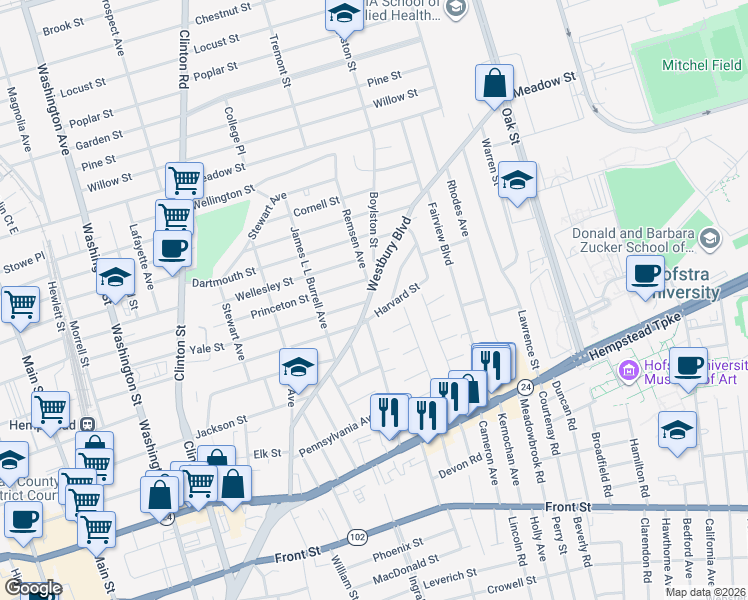 map of restaurants, bars, coffee shops, grocery stores, and more near 174 Westbury Boulevard in Hempstead