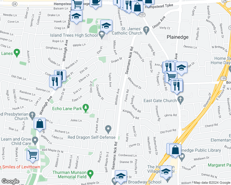map of restaurants, bars, coffee shops, grocery stores, and more near 384 Taylor Avenue in Levittown