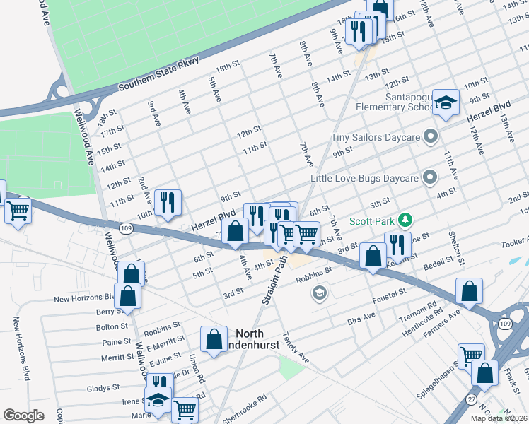 map of restaurants, bars, coffee shops, grocery stores, and more near 500 7th Street in West Babylon