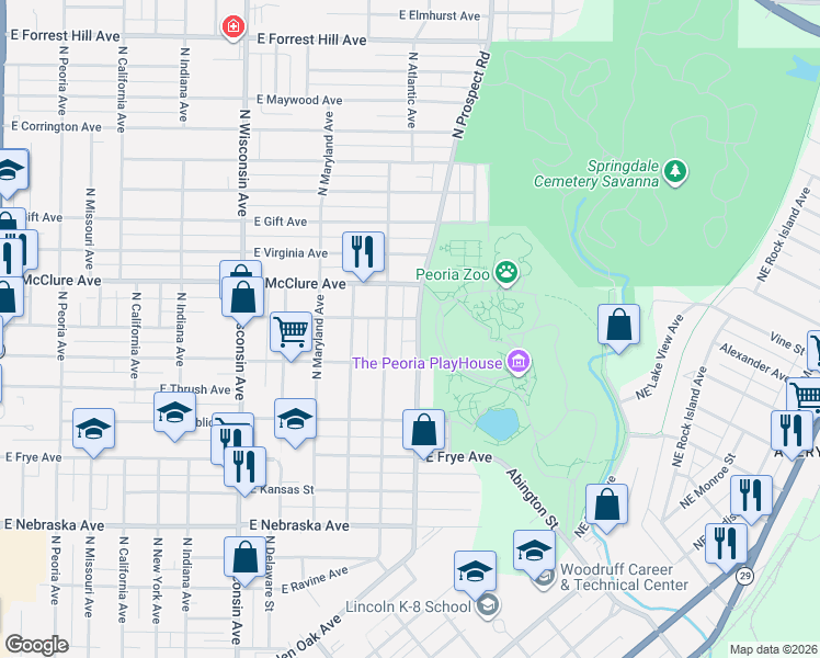 map of restaurants, bars, coffee shops, grocery stores, and more near 2150-2166 North Prospect Road in Peoria