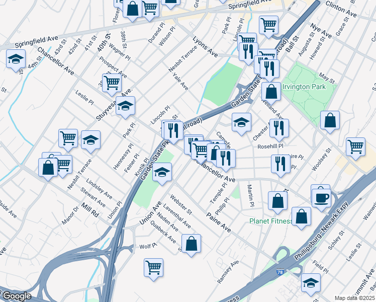 map of restaurants, bars, coffee shops, grocery stores, and more near 721 Chancellor Avenue in Irvington