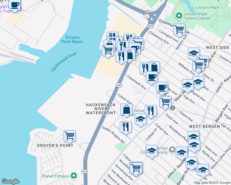 map of restaurants, bars, coffee shops, grocery stores, and more near 701 New Jersey 440 in Jersey City