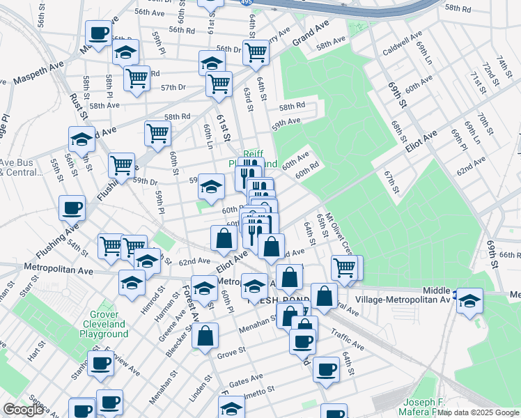map of restaurants, bars, coffee shops, grocery stores, and more near in Queens