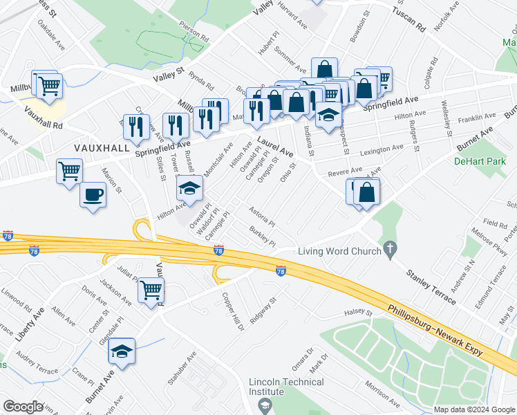 map of restaurants, bars, coffee shops, grocery stores, and more near 19 Astoria Place in Union