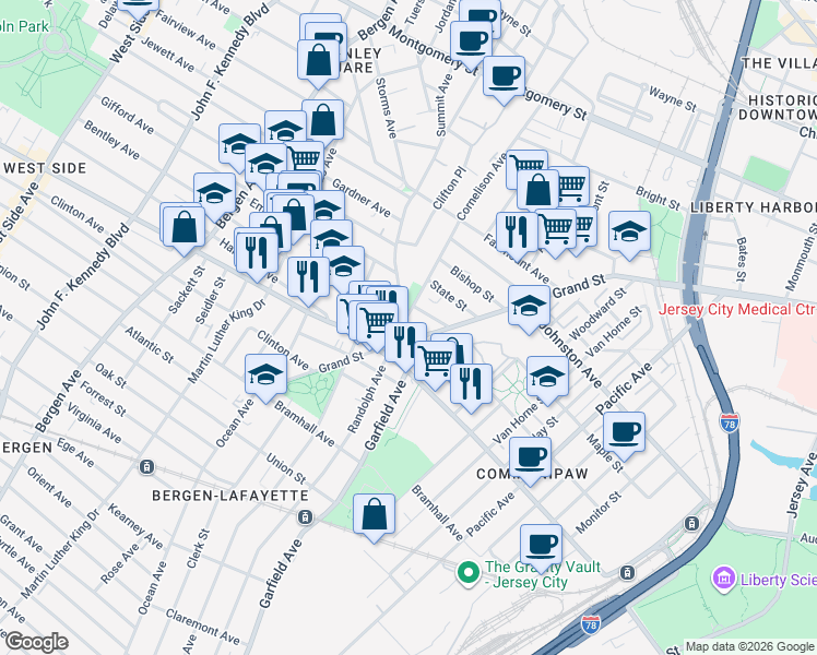 map of restaurants, bars, coffee shops, grocery stores, and more near 704 Grand Street in Jersey City