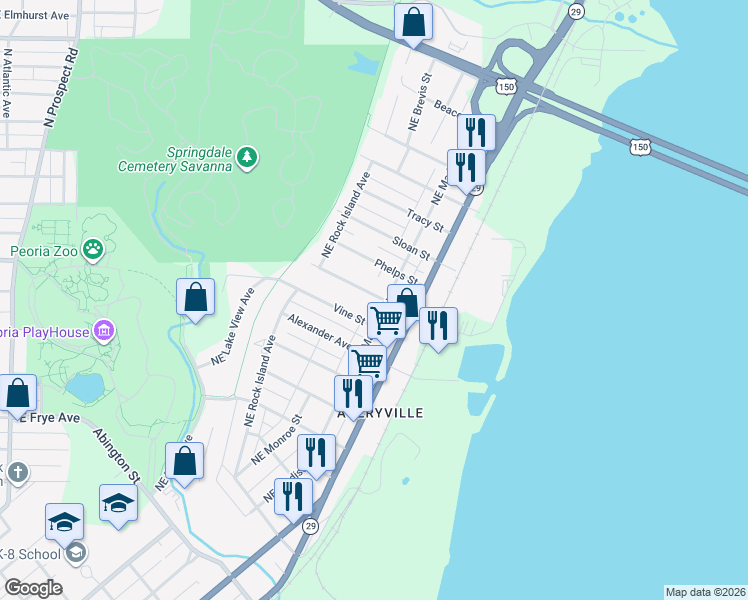 map of restaurants, bars, coffee shops, grocery stores, and more near 509 Fairholm Avenue in Peoria
