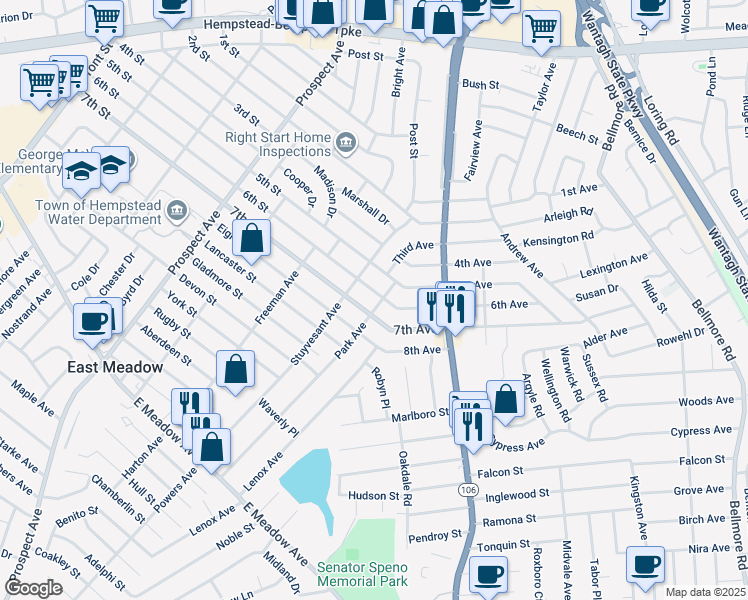 map of restaurants, bars, coffee shops, grocery stores, and more near 2045 Park Avenue in East Meadow
