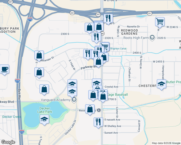 map of restaurants, bars, coffee shops, grocery stores, and more near 2532 South Lake Park Circle in West Valley City