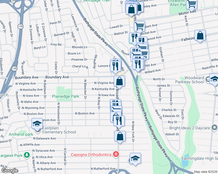 map of restaurants, bars, coffee shops, grocery stores, and more near 286 North Kentucky Avenue in Massapequa