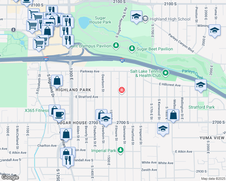 map of restaurants, bars, coffee shops, grocery stores, and more near 2545 South 1500 East in Salt Lake City