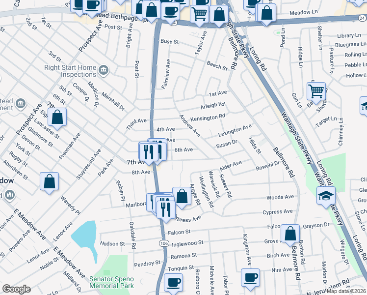 map of restaurants, bars, coffee shops, grocery stores, and more near 2545 6th Avenue in East Meadow