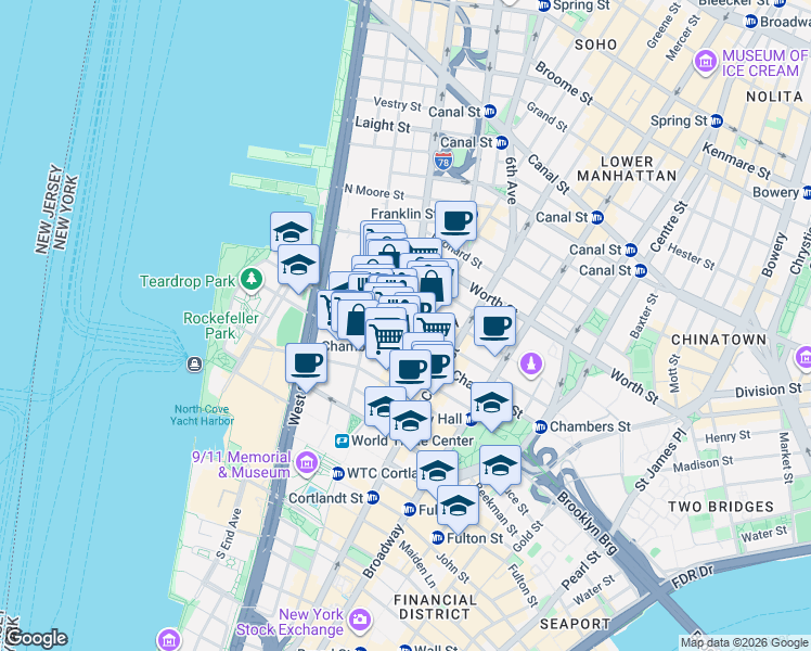 map of restaurants, bars, coffee shops, grocery stores, and more near 121 Reade Street in New York