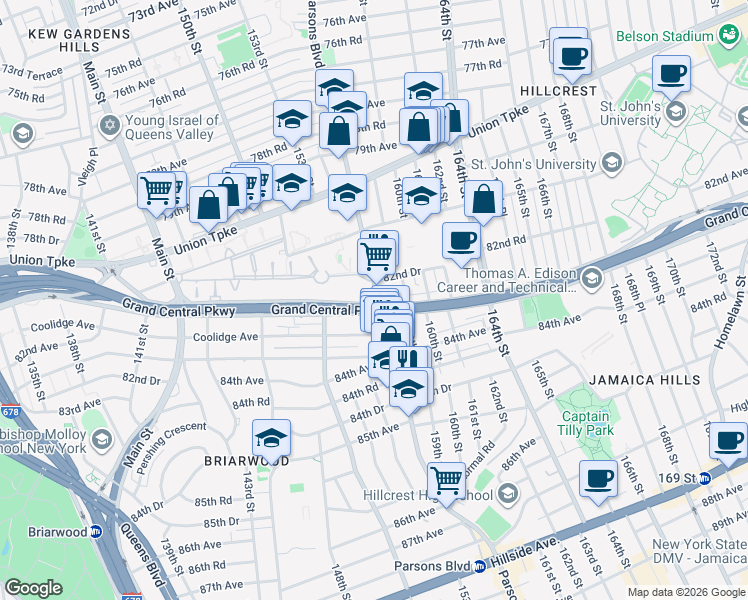 map of restaurants, bars, coffee shops, grocery stores, and more near 85 Parsons Boulevard in Queens