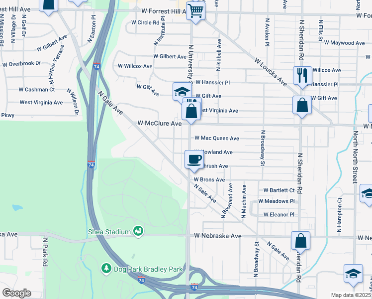 map of restaurants, bars, coffee shops, grocery stores, and more near in Peoria