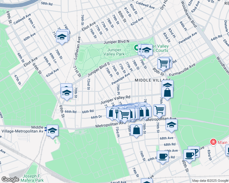 map of restaurants, bars, coffee shops, grocery stores, and more near 64-27 75th Street in Queens