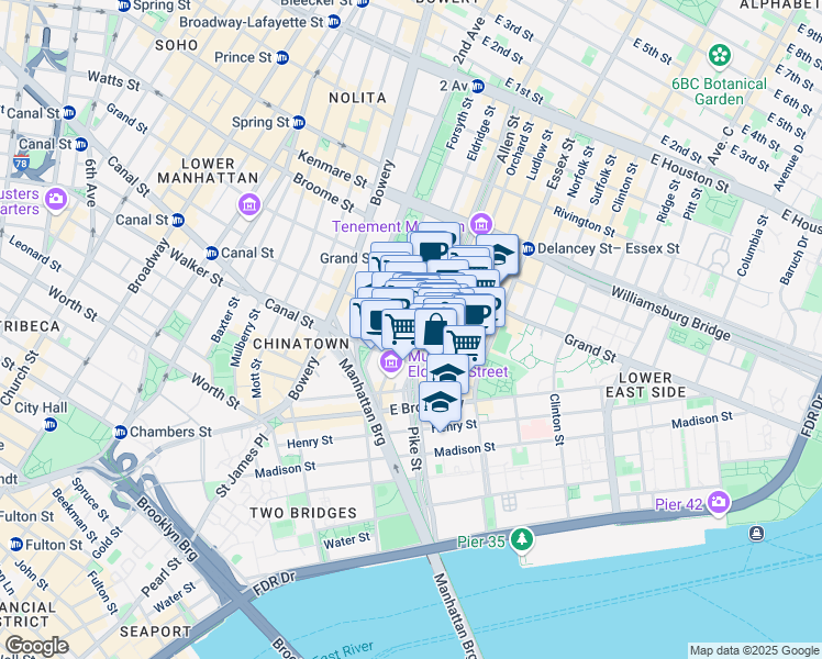 map of restaurants, bars, coffee shops, grocery stores, and more near 50-52 Eldridge Street in New York