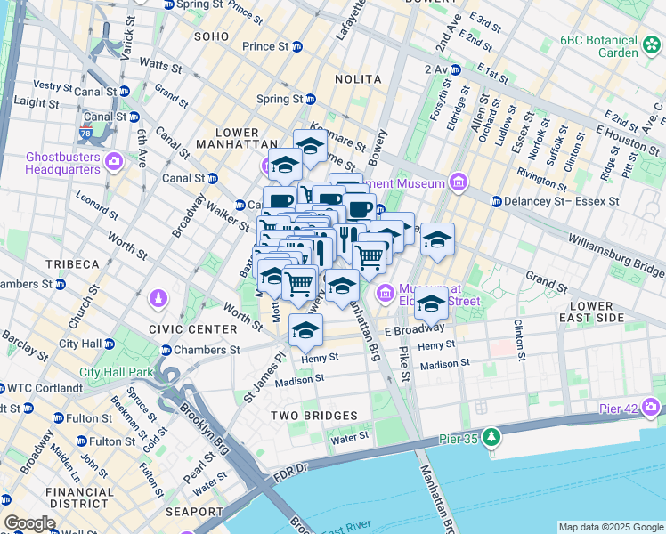 map of restaurants, bars, coffee shops, grocery stores, and more near Bowery & Canal St in New York