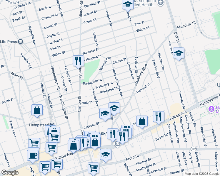 map of restaurants, bars, coffee shops, grocery stores, and more near 207 Bennett Avenue in Hempstead