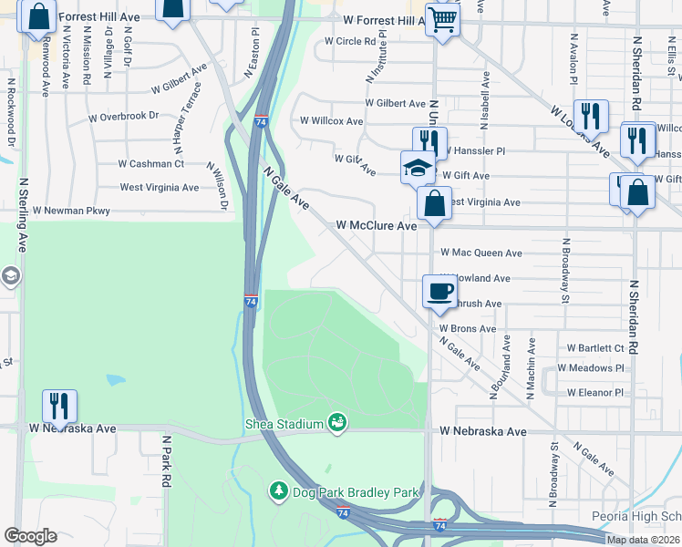 map of restaurants, bars, coffee shops, grocery stores, and more near 2401 North Gale Avenue in Peoria