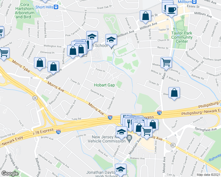 map of restaurants, bars, coffee shops, grocery stores, and more near 83 Colfax Road in Springfield