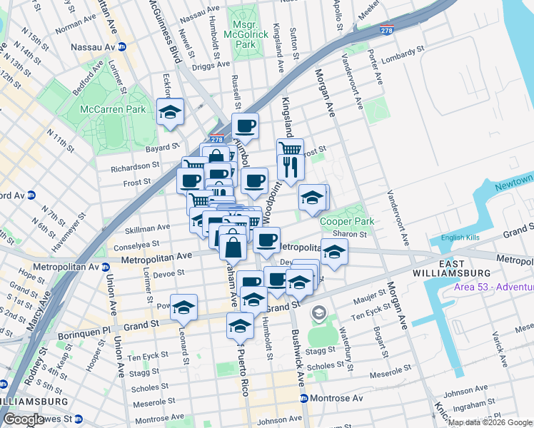 map of restaurants, bars, coffee shops, grocery stores, and more near Woodpoint Road & Skillman Avenue in Brooklyn