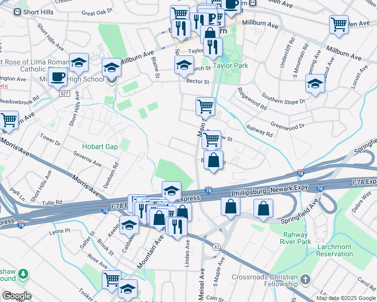 map of restaurants, bars, coffee shops, grocery stores, and more near 17 Mechanic Street in Millburn