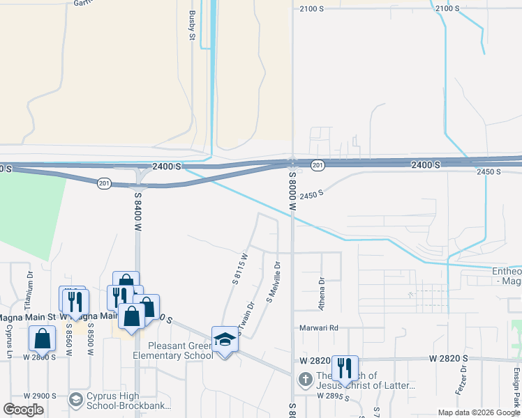 map of restaurants, bars, coffee shops, grocery stores, and more near 8084 West Melville Drive in Magna