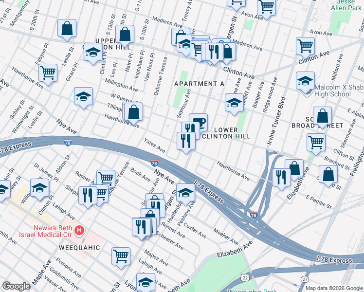 map of restaurants, bars, coffee shops, grocery stores, and more near Hawthorne Avenue & Chadwick Avenue in Newark