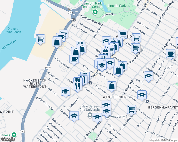 map of restaurants, bars, coffee shops, grocery stores, and more near 29 Clarke Avenue in Jersey City