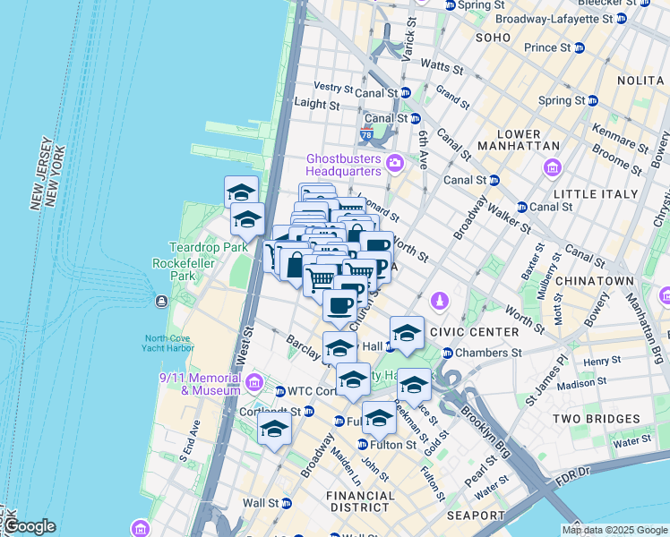 map of restaurants, bars, coffee shops, grocery stores, and more near 121 Reade Street in New York